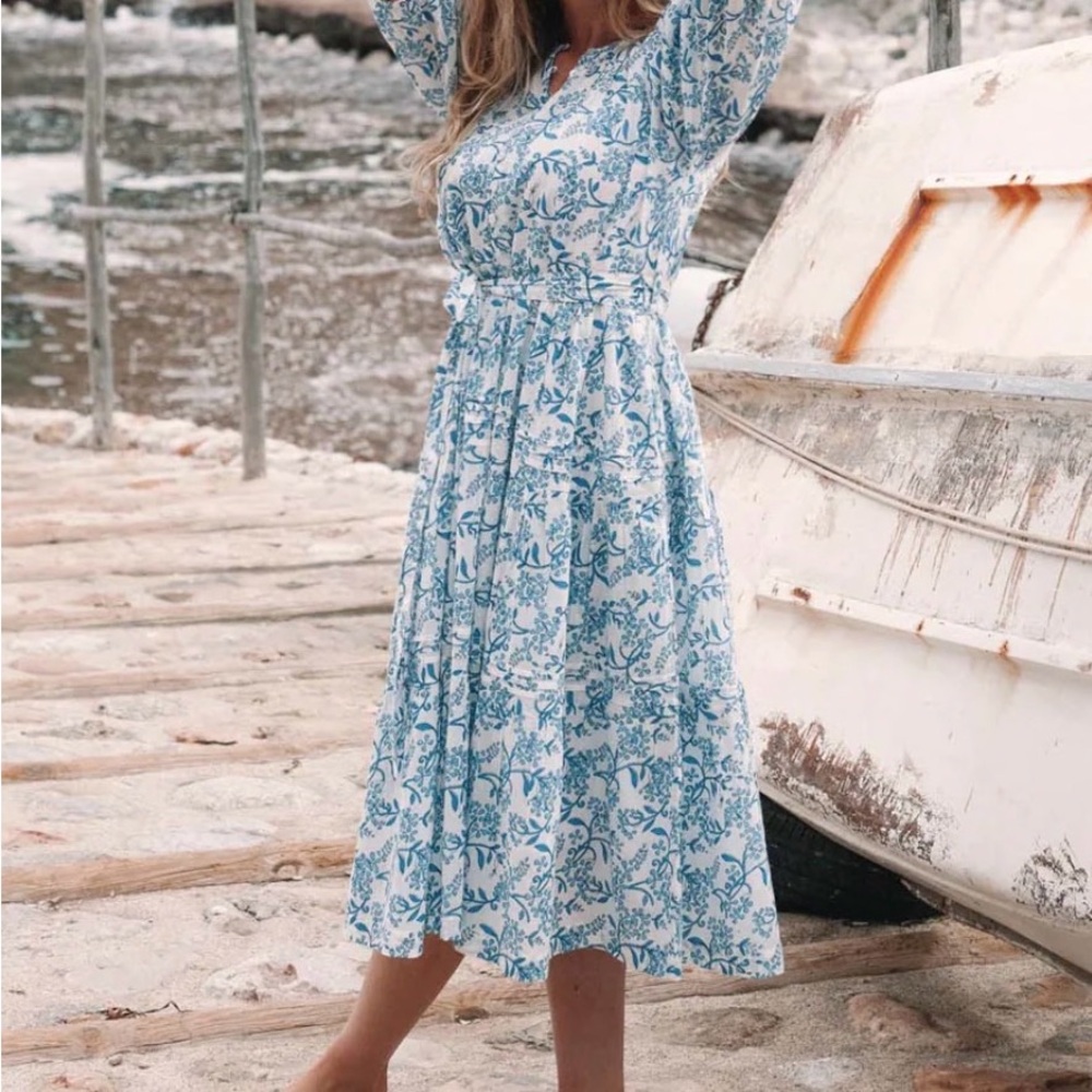 Lali Mommy & Me Hydrangea Dress Midi Tiered Floral Boho XS Blue‎ & White X-Small